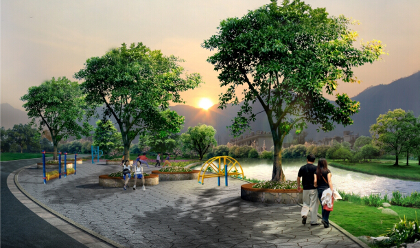 打造滨河沿线景观,及小公园广场设计 鸟瞰效果图图